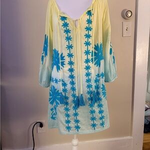 Debbie Katz south Beach Embroidered Tunic Coverup Yellow Aqua Boho Resort Size 5
